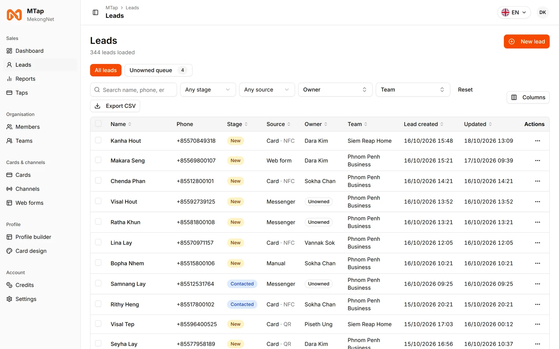 The MTap admin leads table with sources, owners and teams