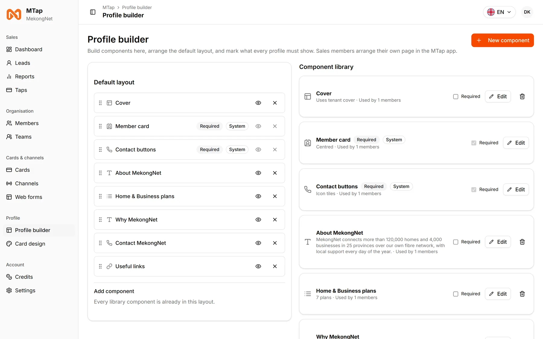 The MTap profile builder with the default layout and component library