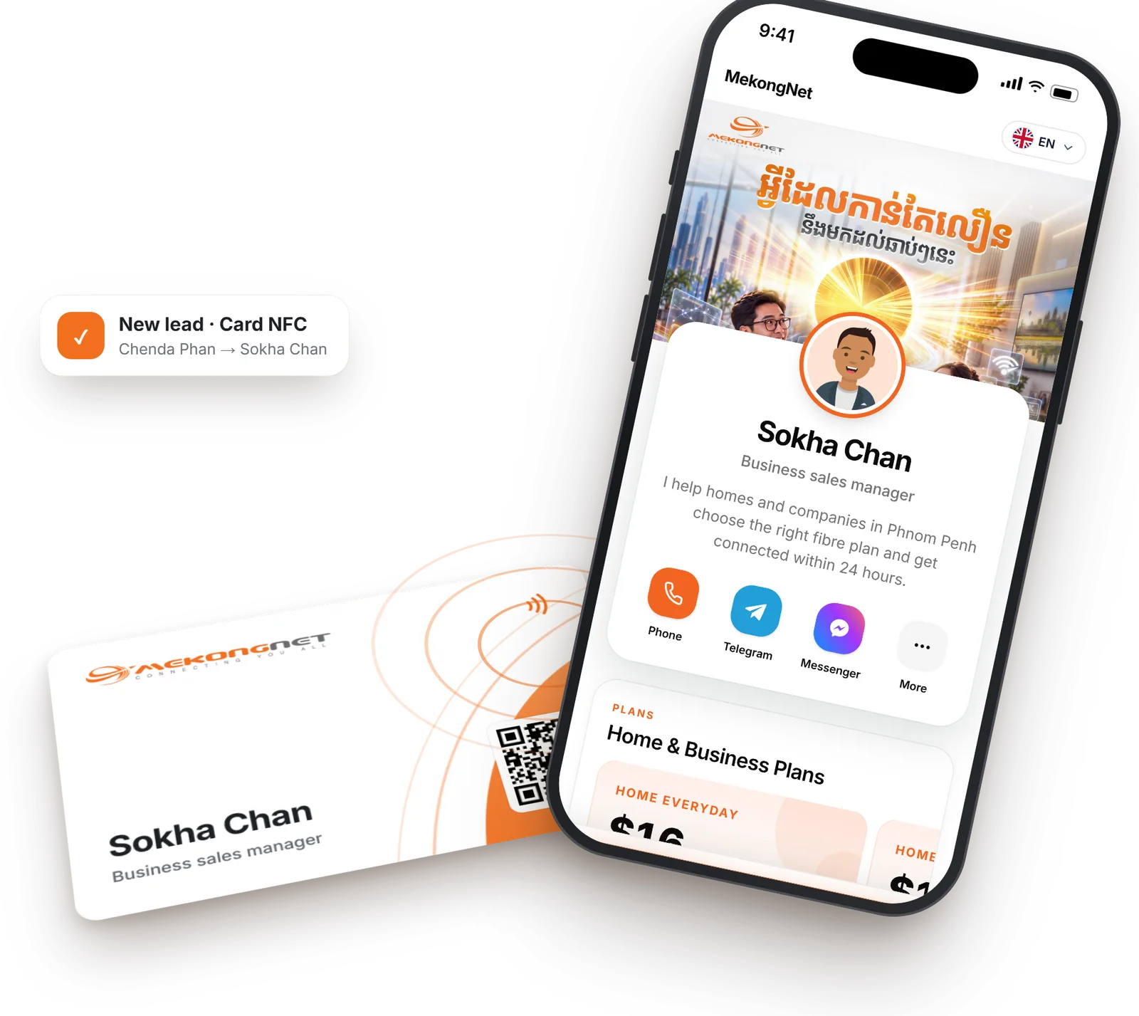 A MekongNet NFC business card and an iPhone showing the sales member profile it opens