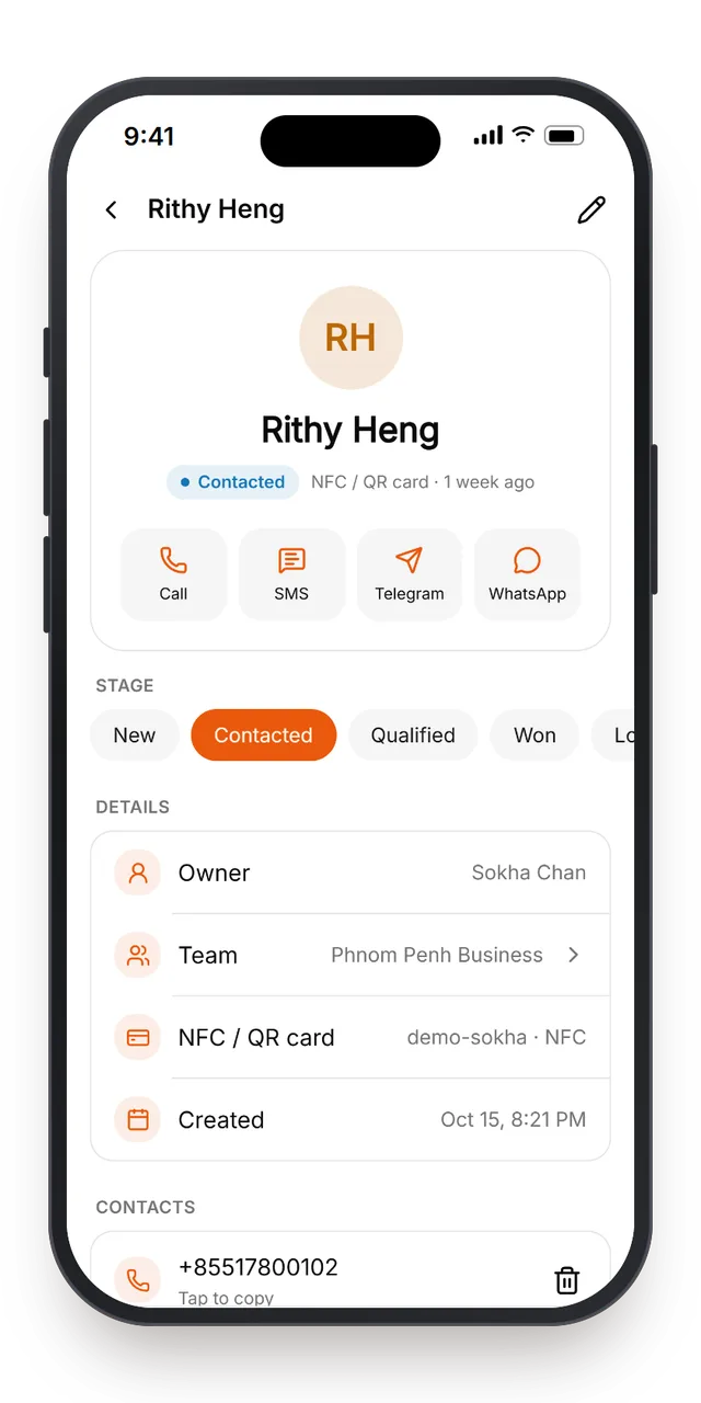 A lead with stage and follow-ups in the MTap app