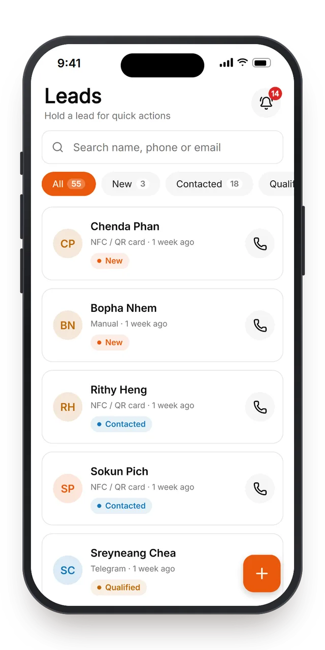 The MTap app listing new leads from NFC and QR cards