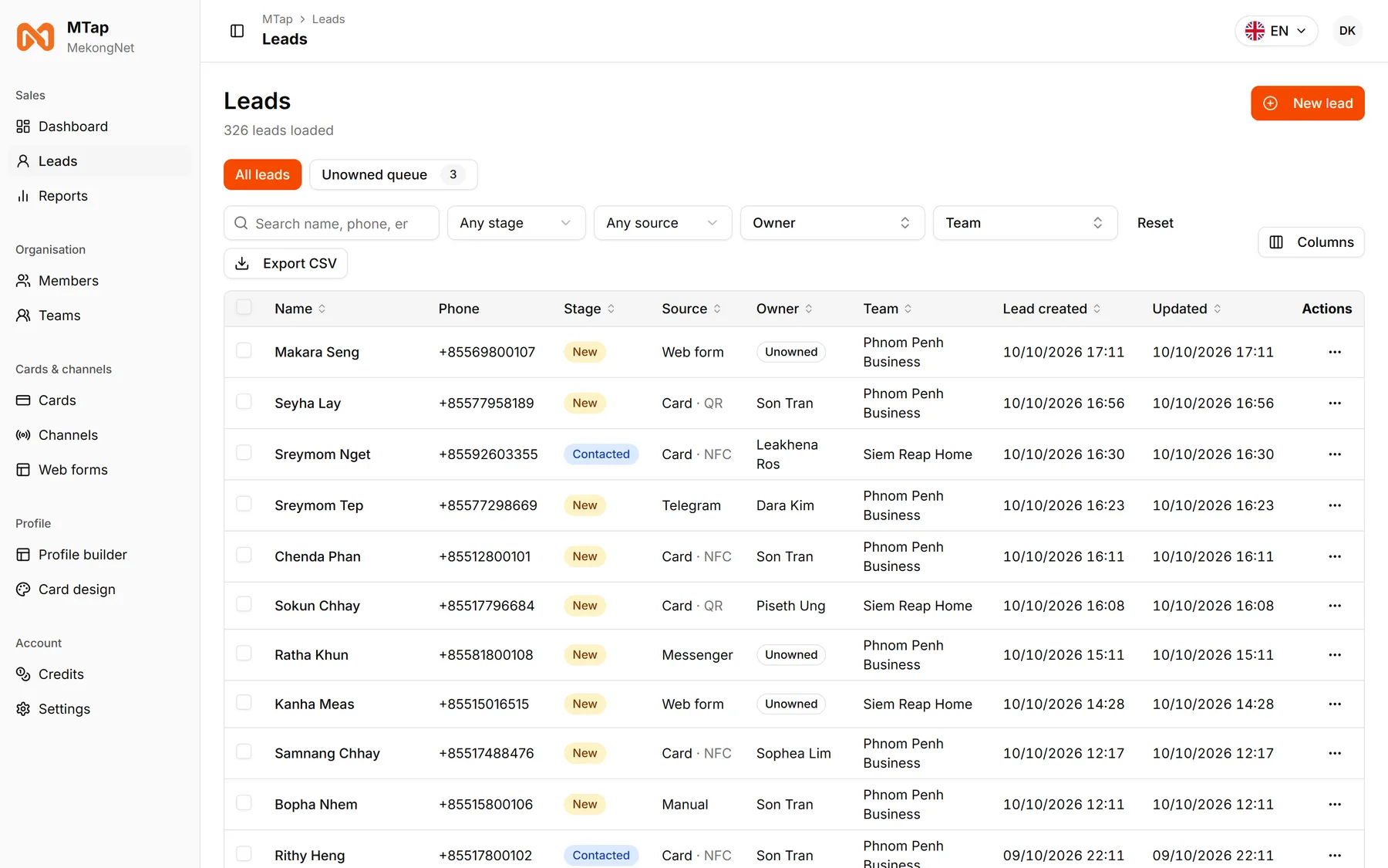The MTap admin leads table with sources, owners and teams