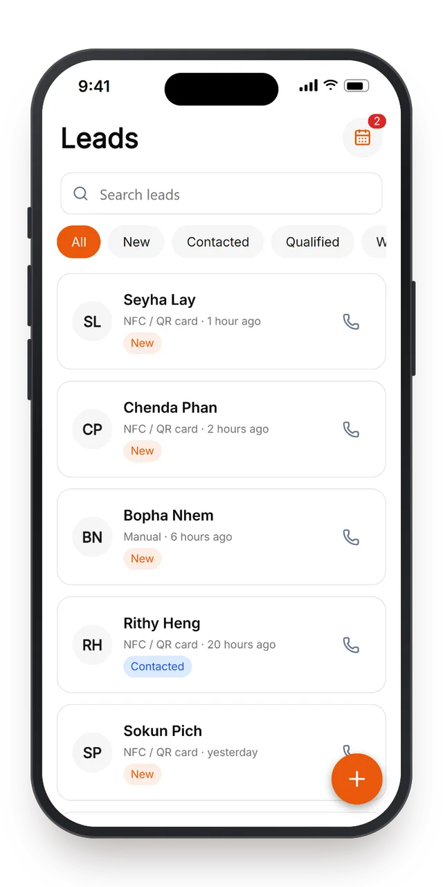 The MTap app listing new leads from NFC and QR cards